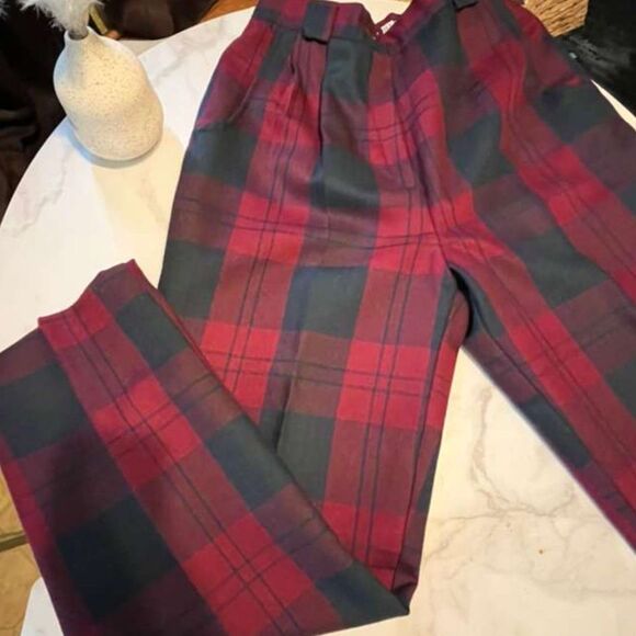 Vintage Bill Blass Wool Tartan Plaid High Waist Trousers Pants Red Green Size 10 - Picture 9 of 16